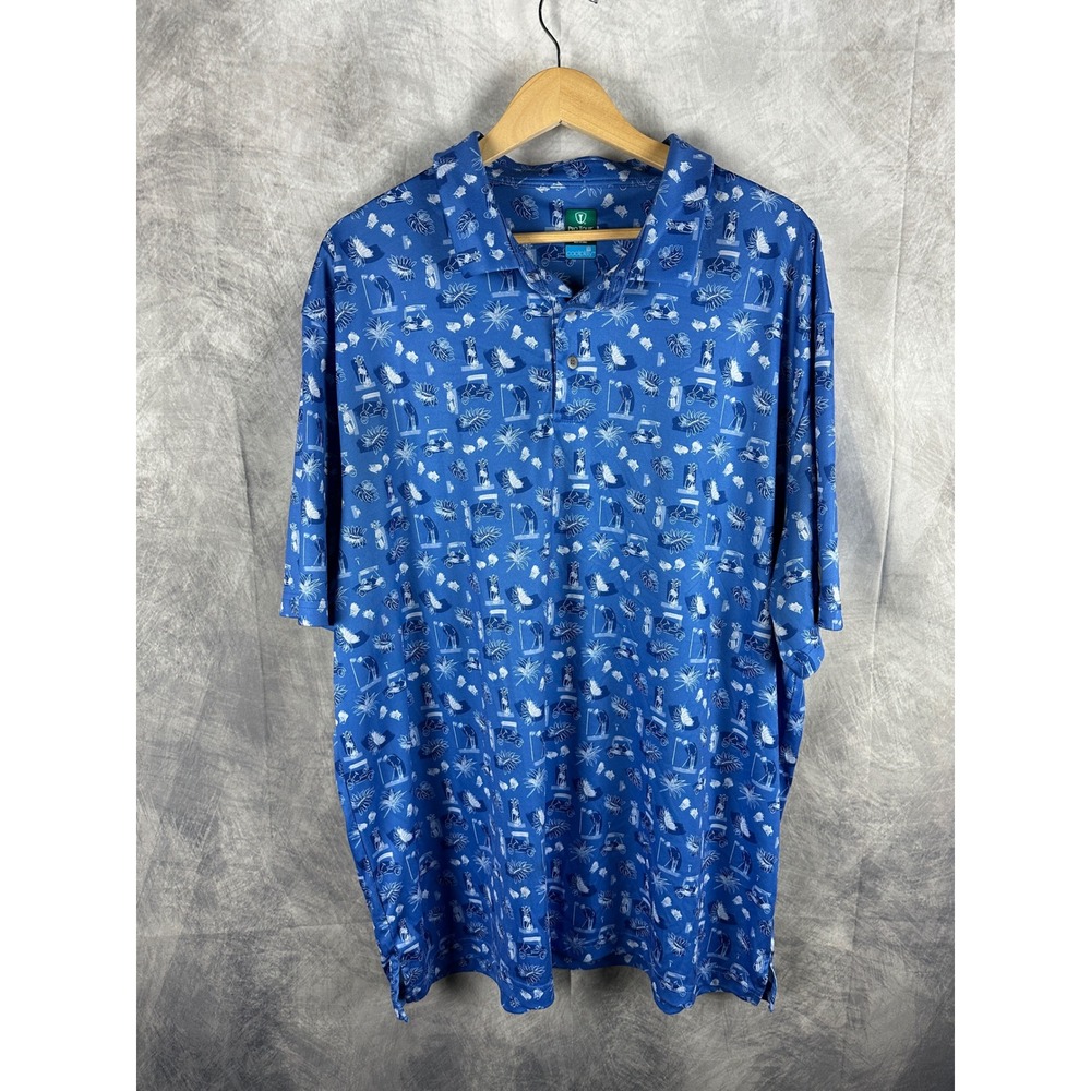 Pro Tour Coolplay Mens XXL Blue Golf Cart Tropical Print Polo Shirt Short Sleeve